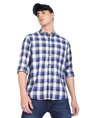 men blue and white plaid check casual shirt