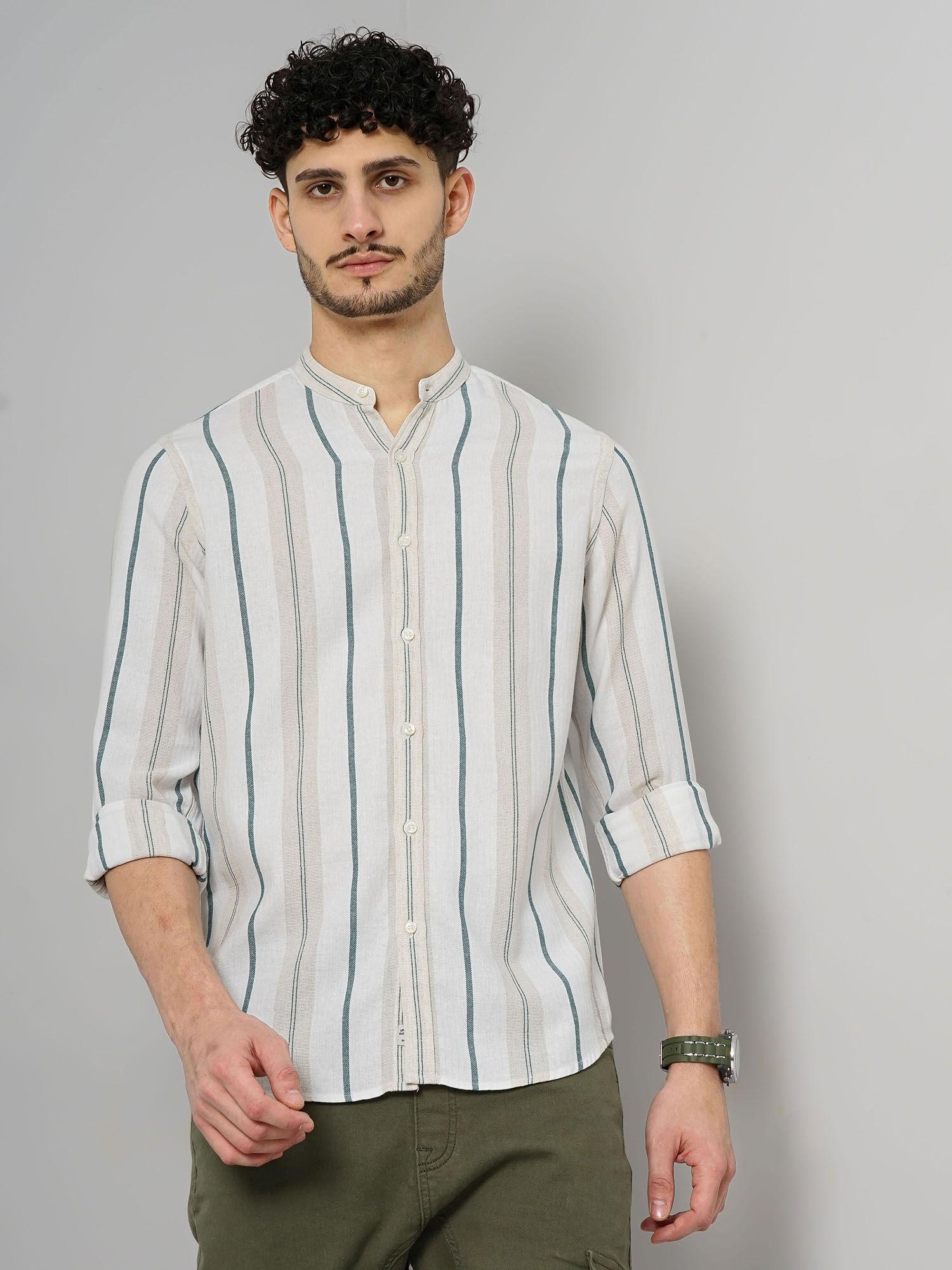 men blue and white striped regular fit cotton linen casual shirt