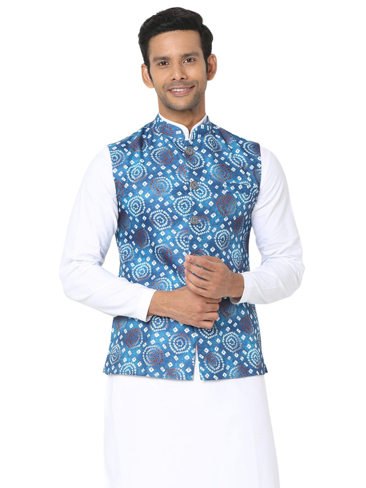 men blue art silk digital printed sleeveless nehru jacket