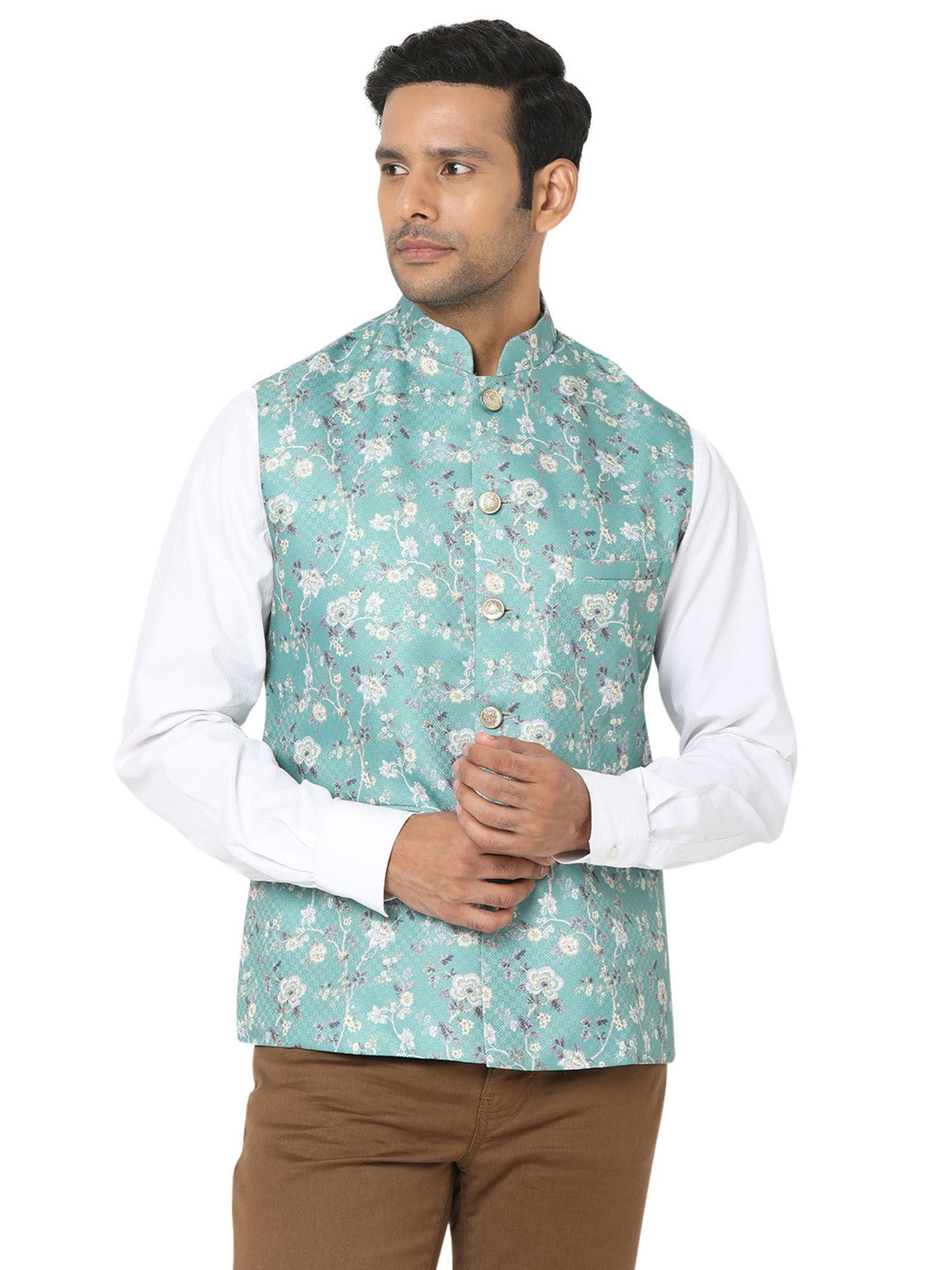 men blue art silk jacquard sleeveless nehru jacket