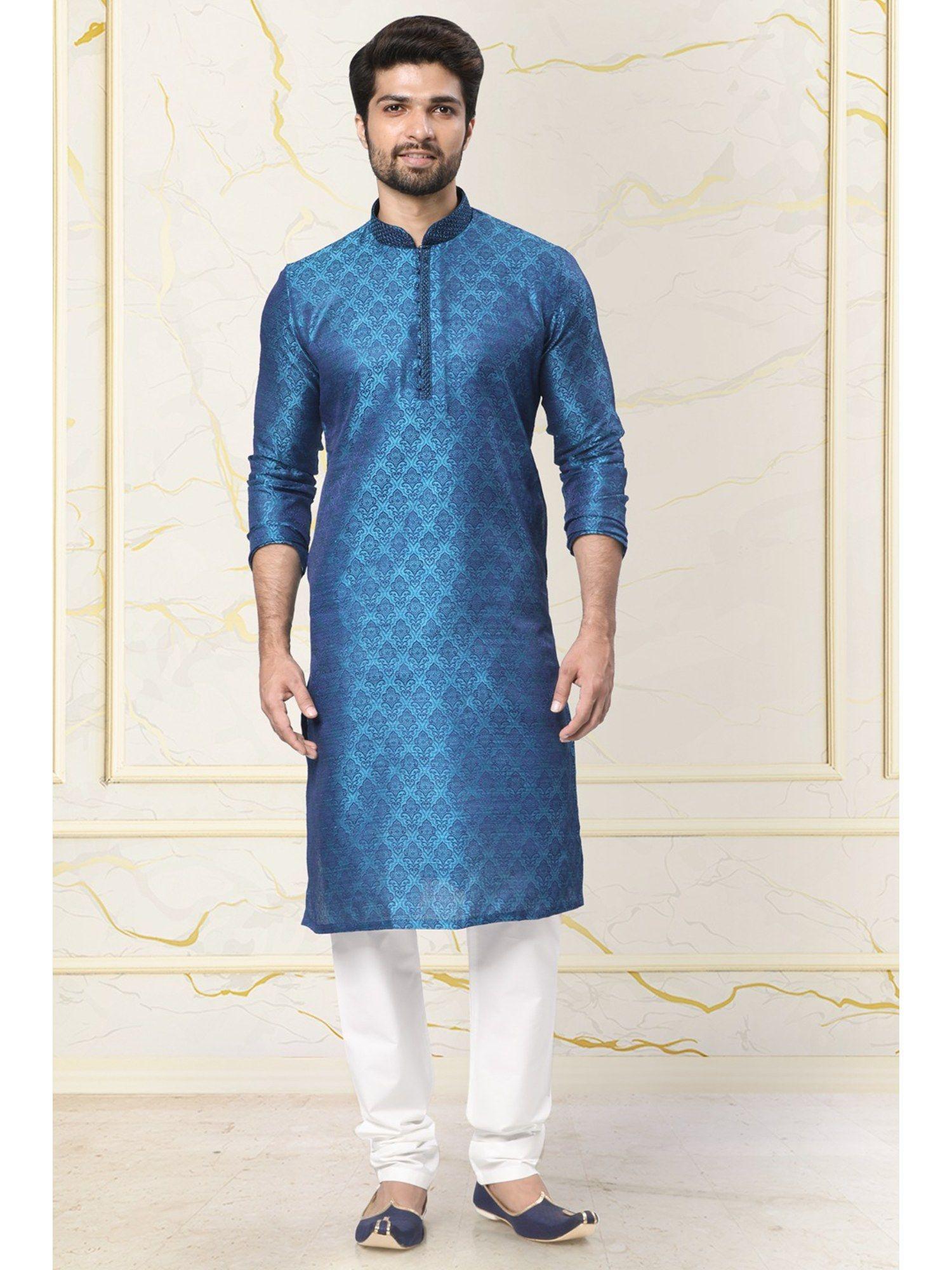 men blue art silk woven kurta