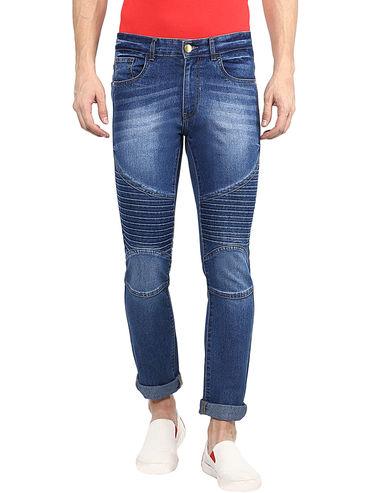 men blue biker pattern slim fit jeans stretchable