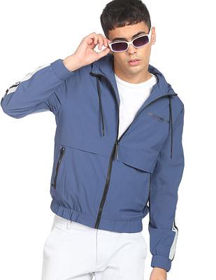 men blue brand tape hooded casual jacket