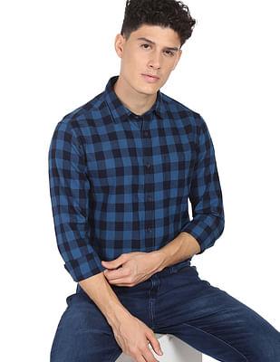 men blue buffalo check twill casual shirt