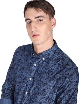 men blue button down collar floral print casual shirt