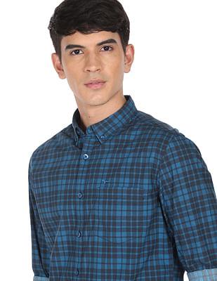 men blue button-own collar check casual shirt