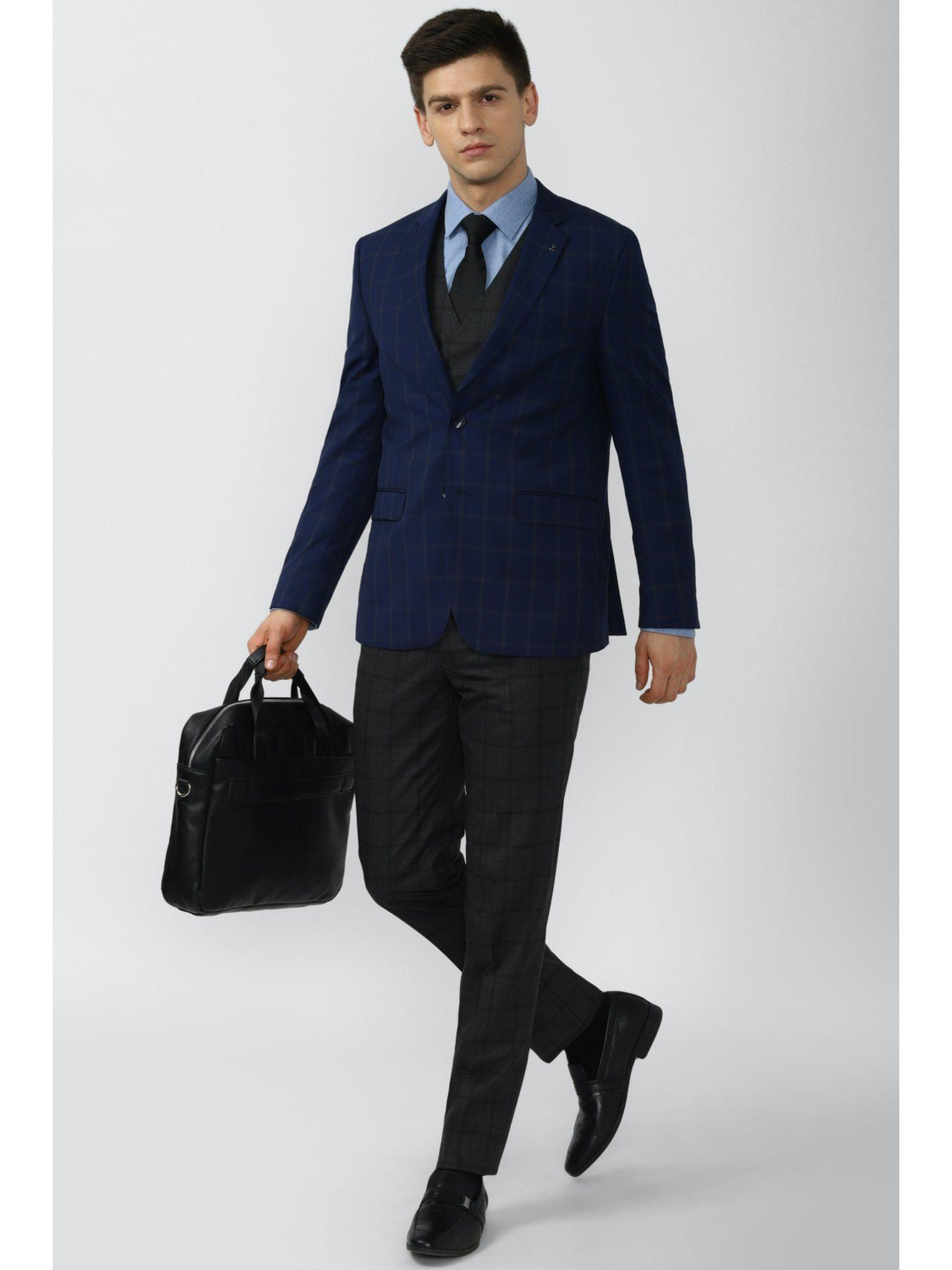 men blue check slim fit formal three piece suit (set of 3)