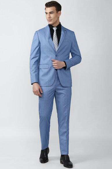 men blue check slim fit formal two piece suit