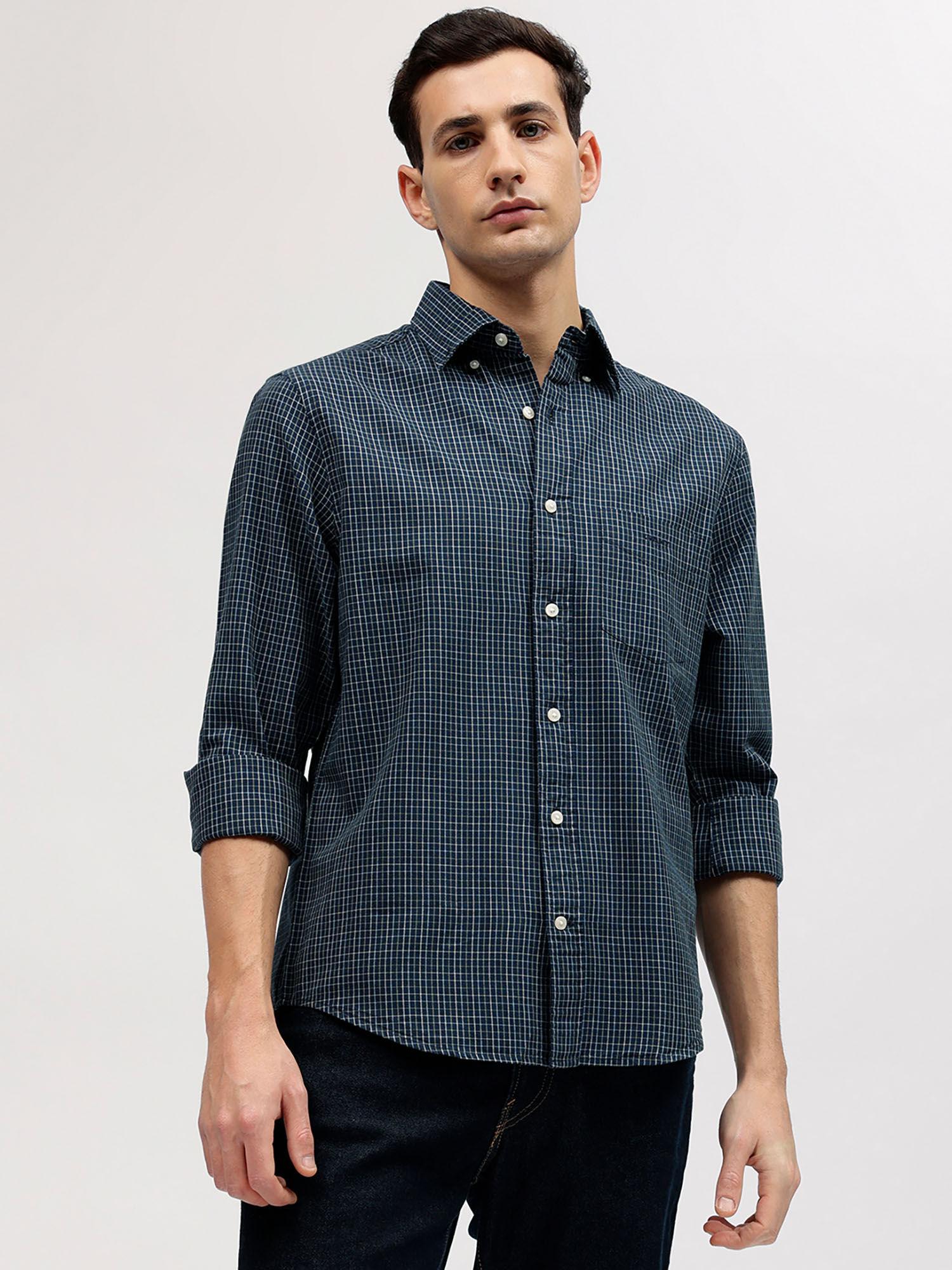 men blue checked button-down collar full sleeves shirt