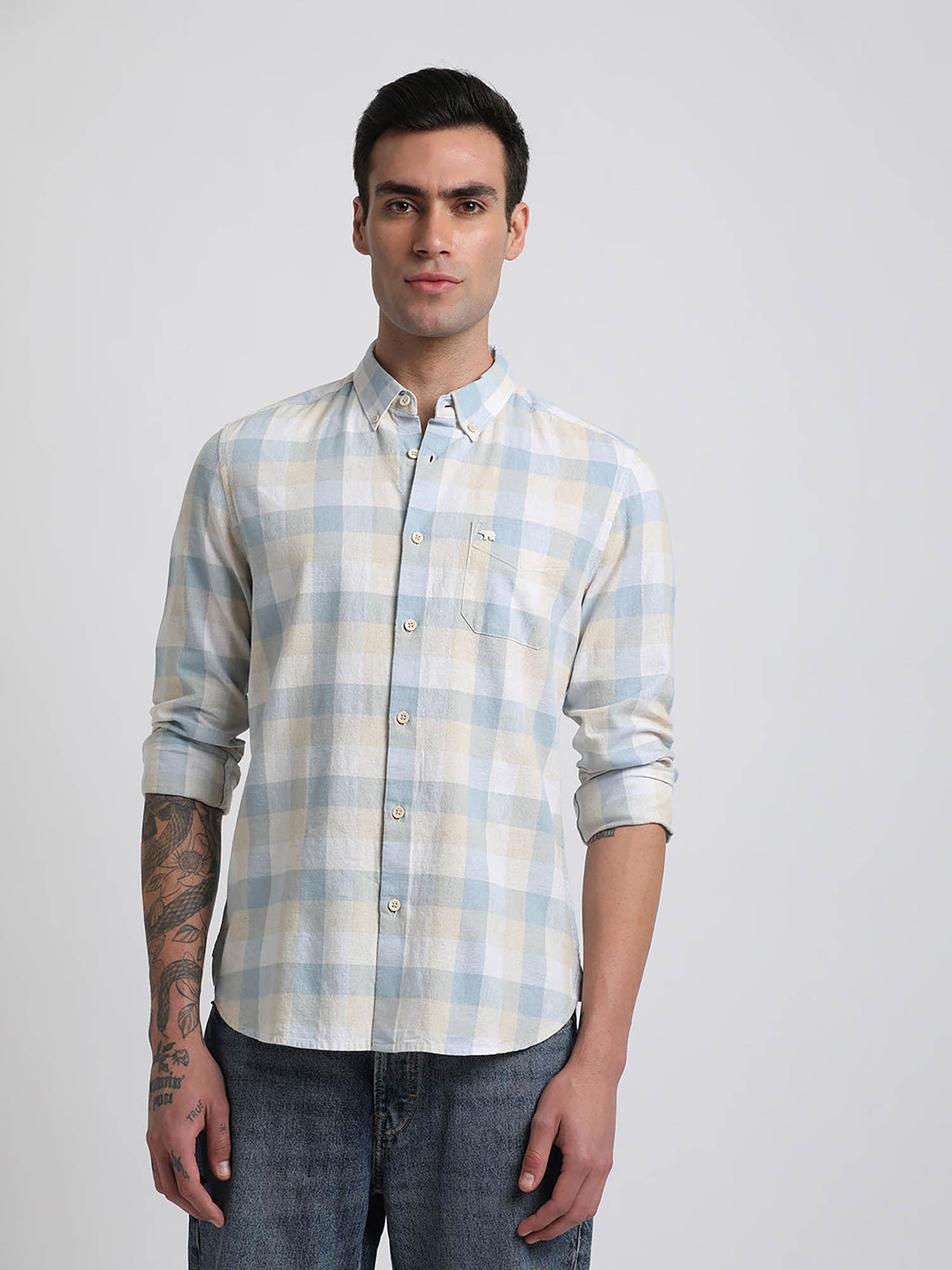 men blue checked slim fit cottom linen casual shirt
