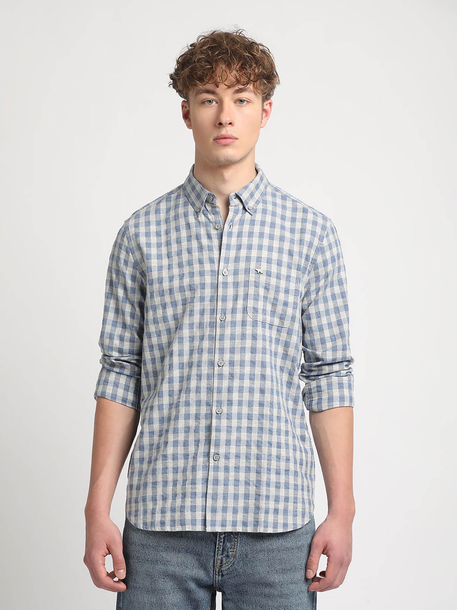 men blue checked slim fit cotton casual shirt