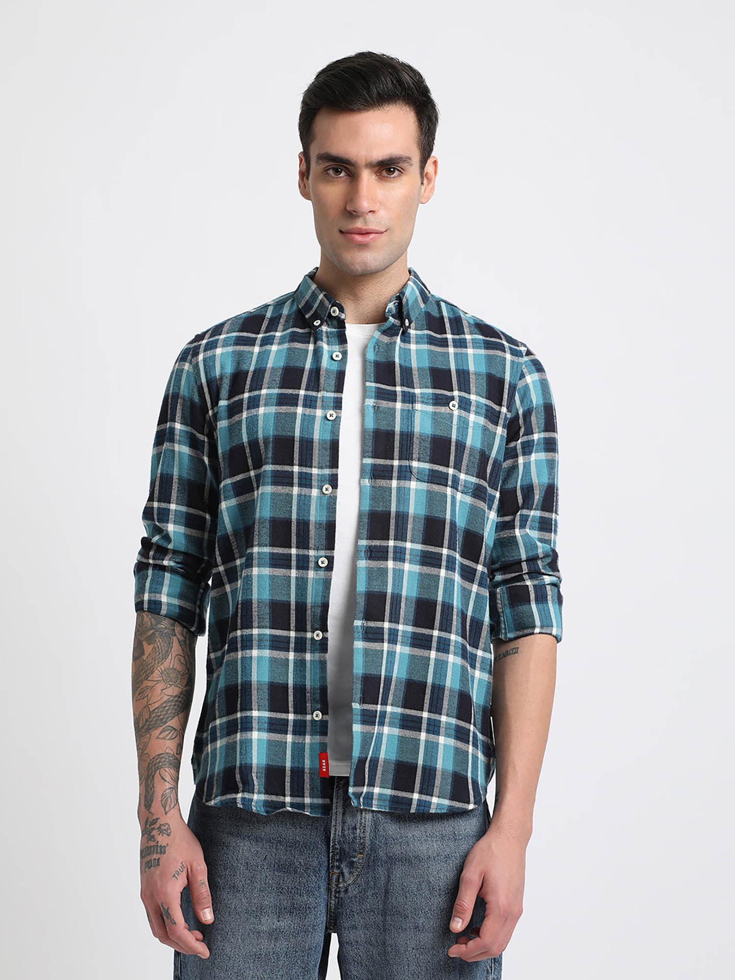 men blue checked slim fit cotton casual shirt