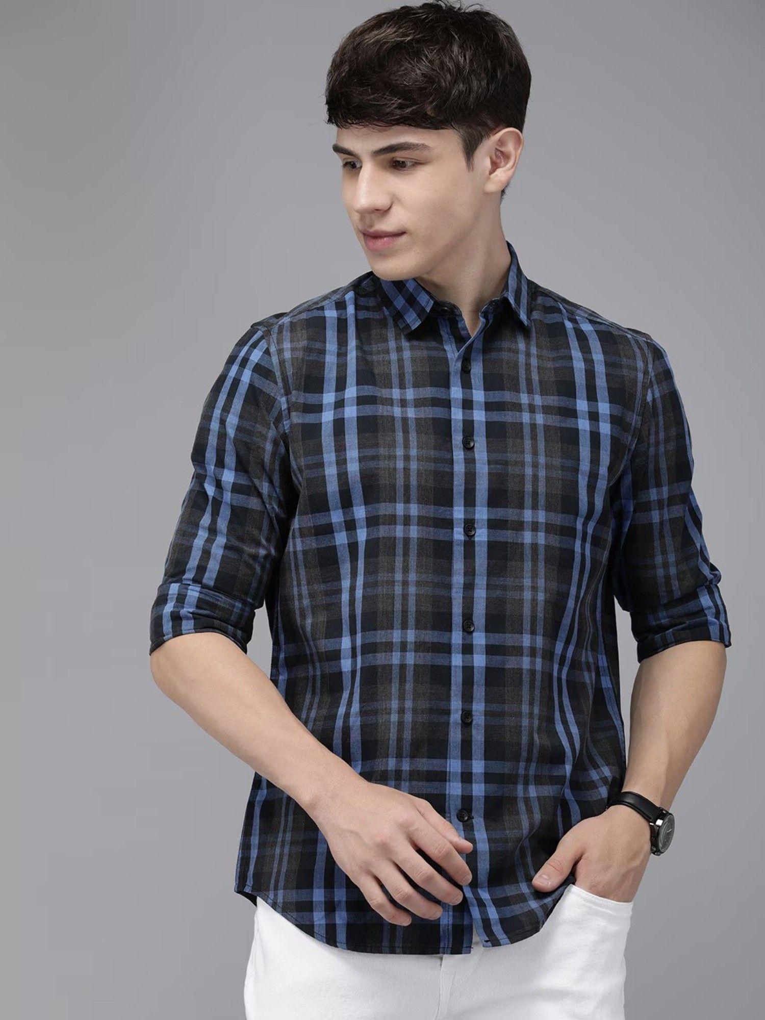 men blue checked slim fit cotton casual shirt