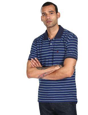 men blue chest pocket striped polo shirt