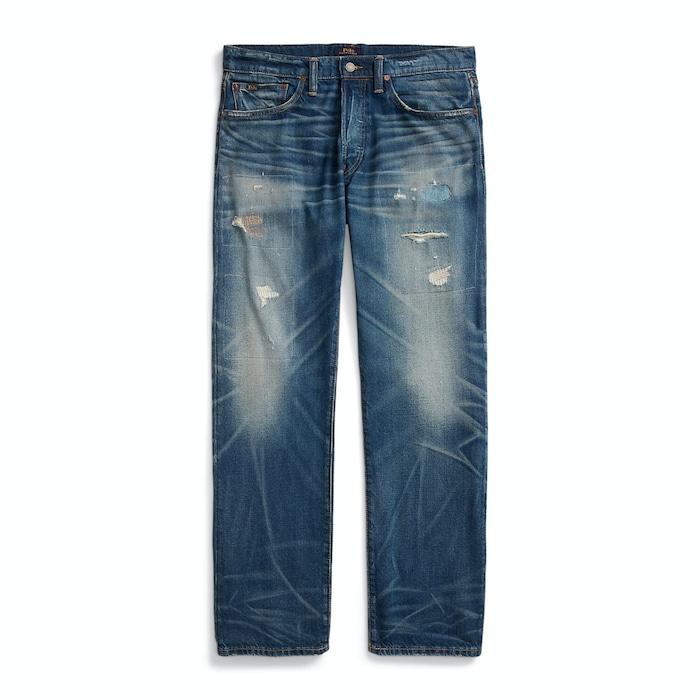 men blue classic fit distressed stretch jean