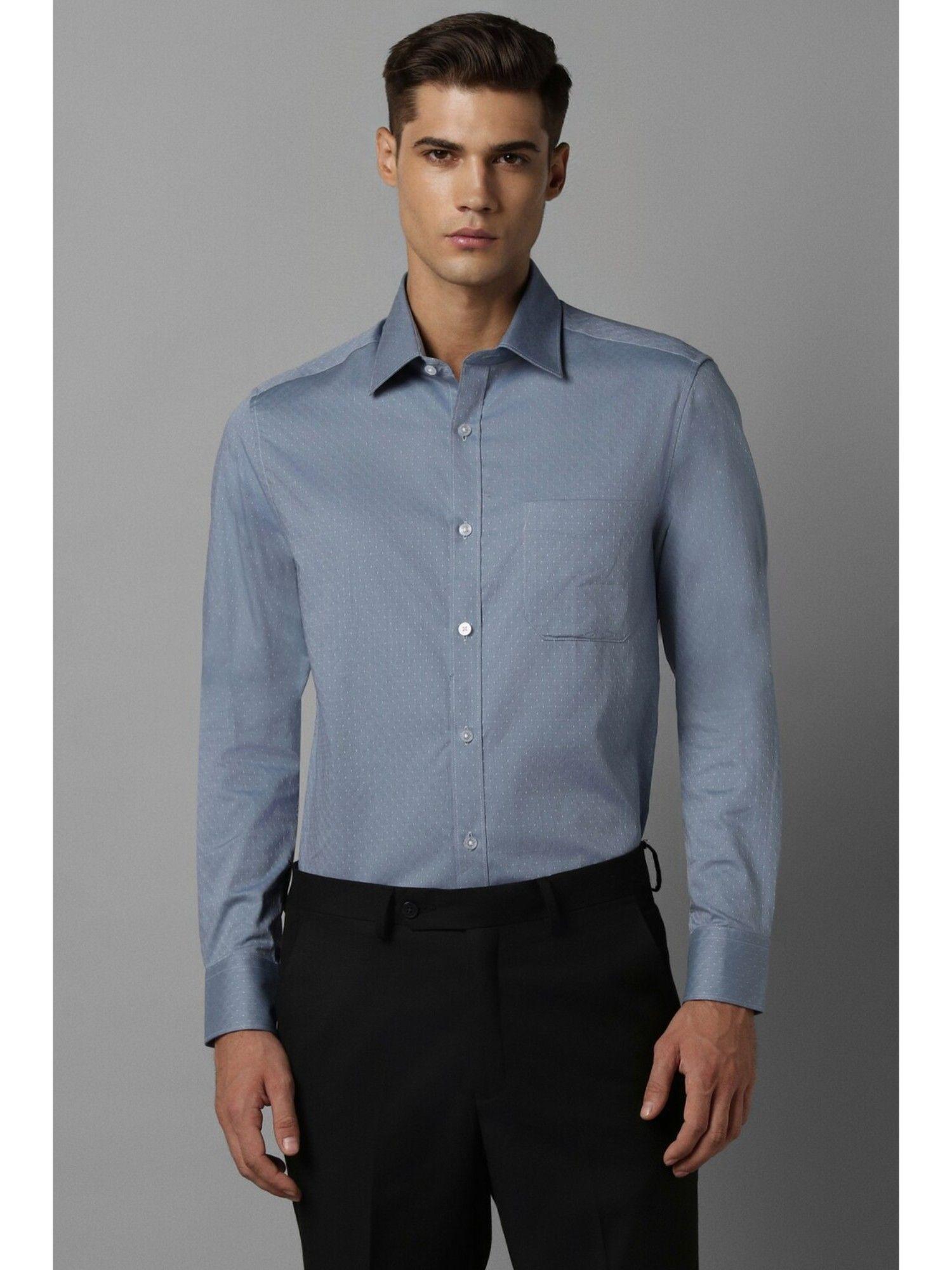 men blue classic fit embroidered full sleeves formal shirt