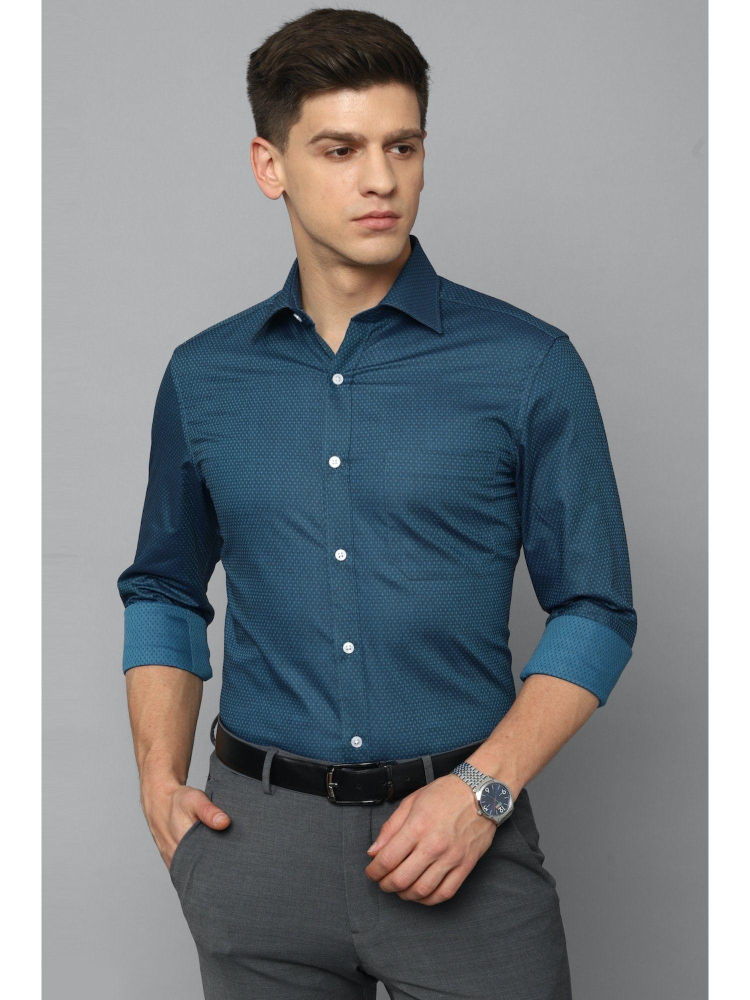 men blue classic fit print full sleeves formal shirt