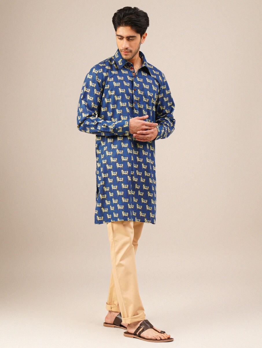 men blue cotton animal collar neck regular fit kurta