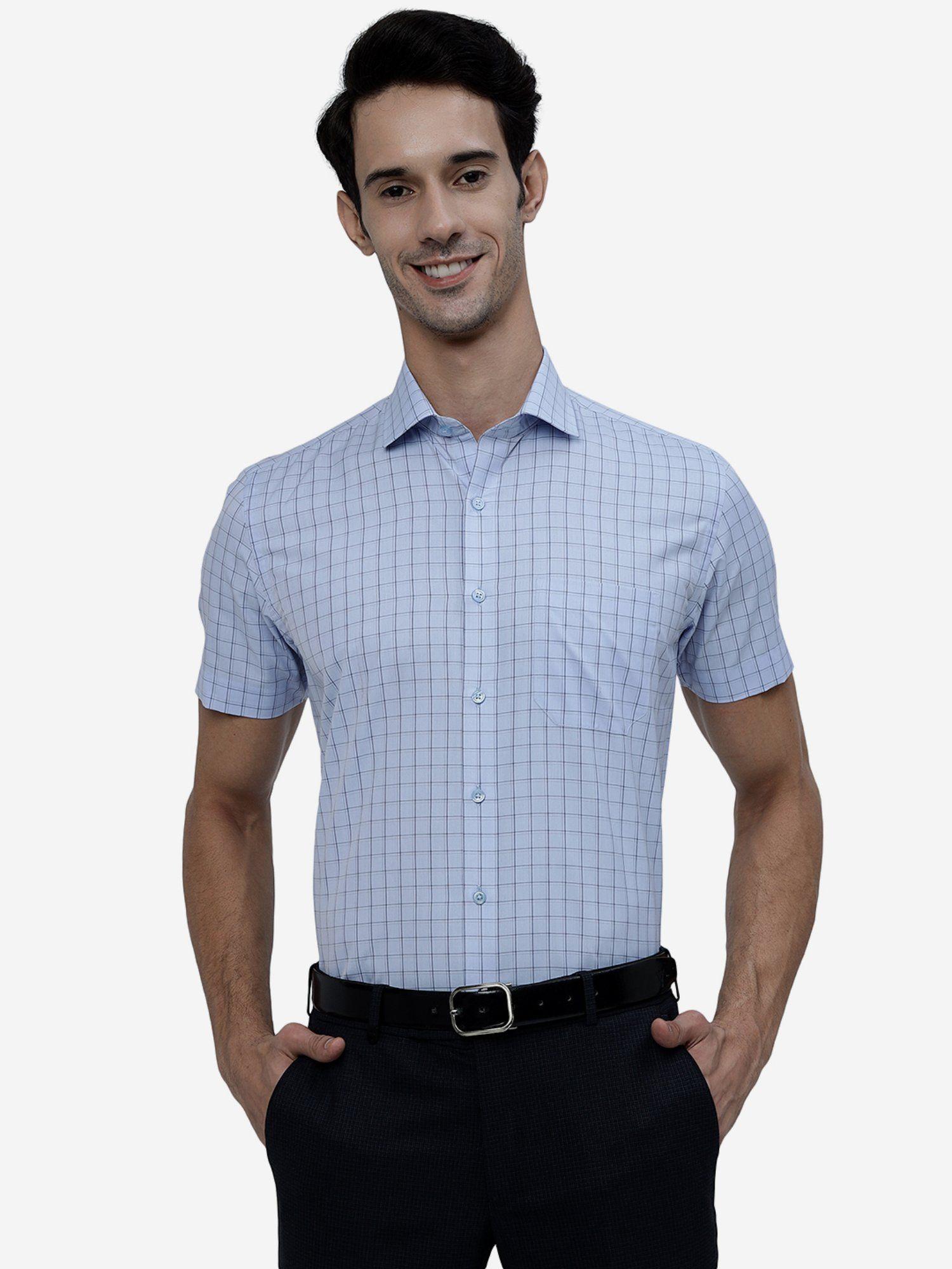 men blue cotton blend slim fit checked formal shirt