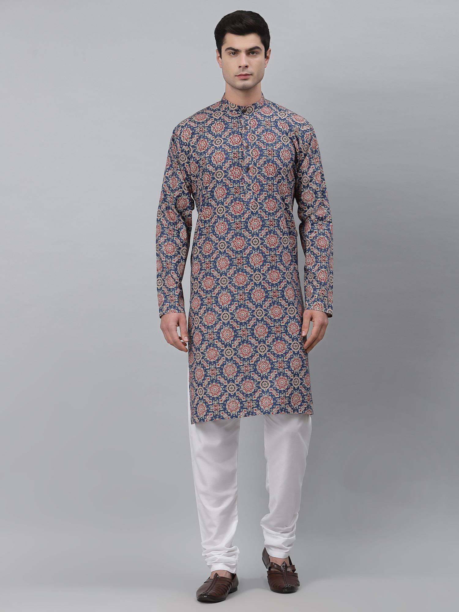 men blue cotton floral print kurta and churidaar (set of 2)