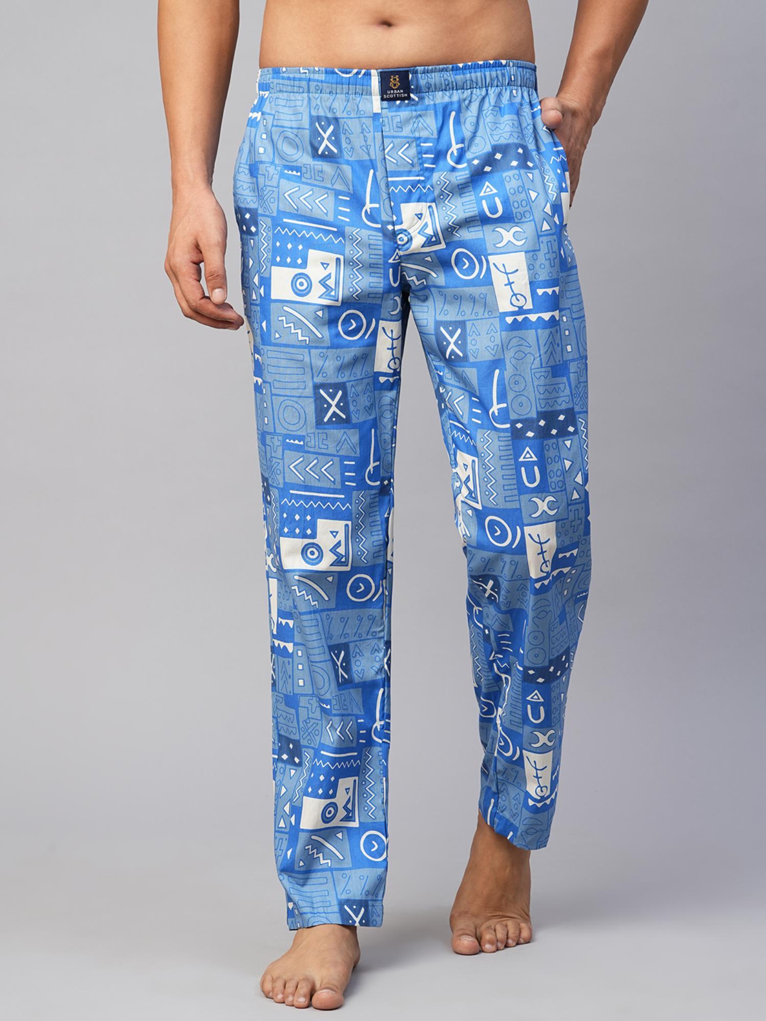 men blue cotton printed lounge pants