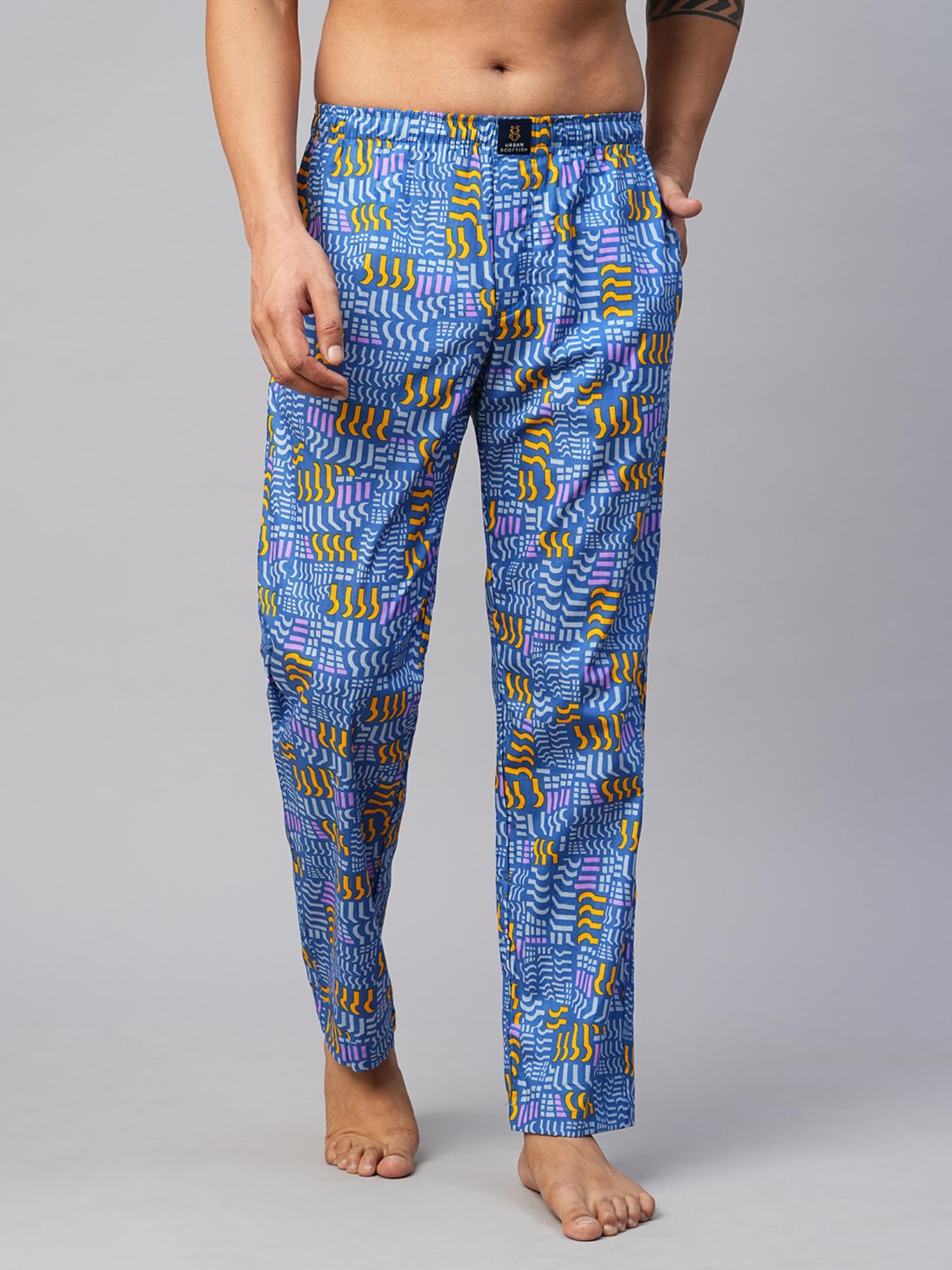 men blue cotton printed lounge pants