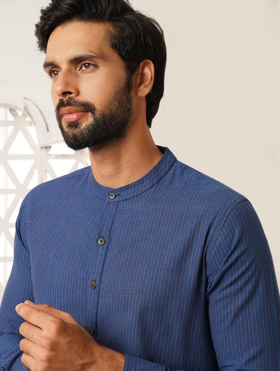 men blue cotton self design mandarin collar regular fit kurta