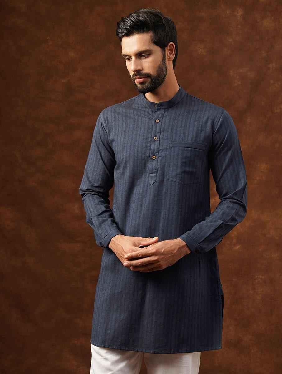 men blue cotton self design round neck regular fit kurta