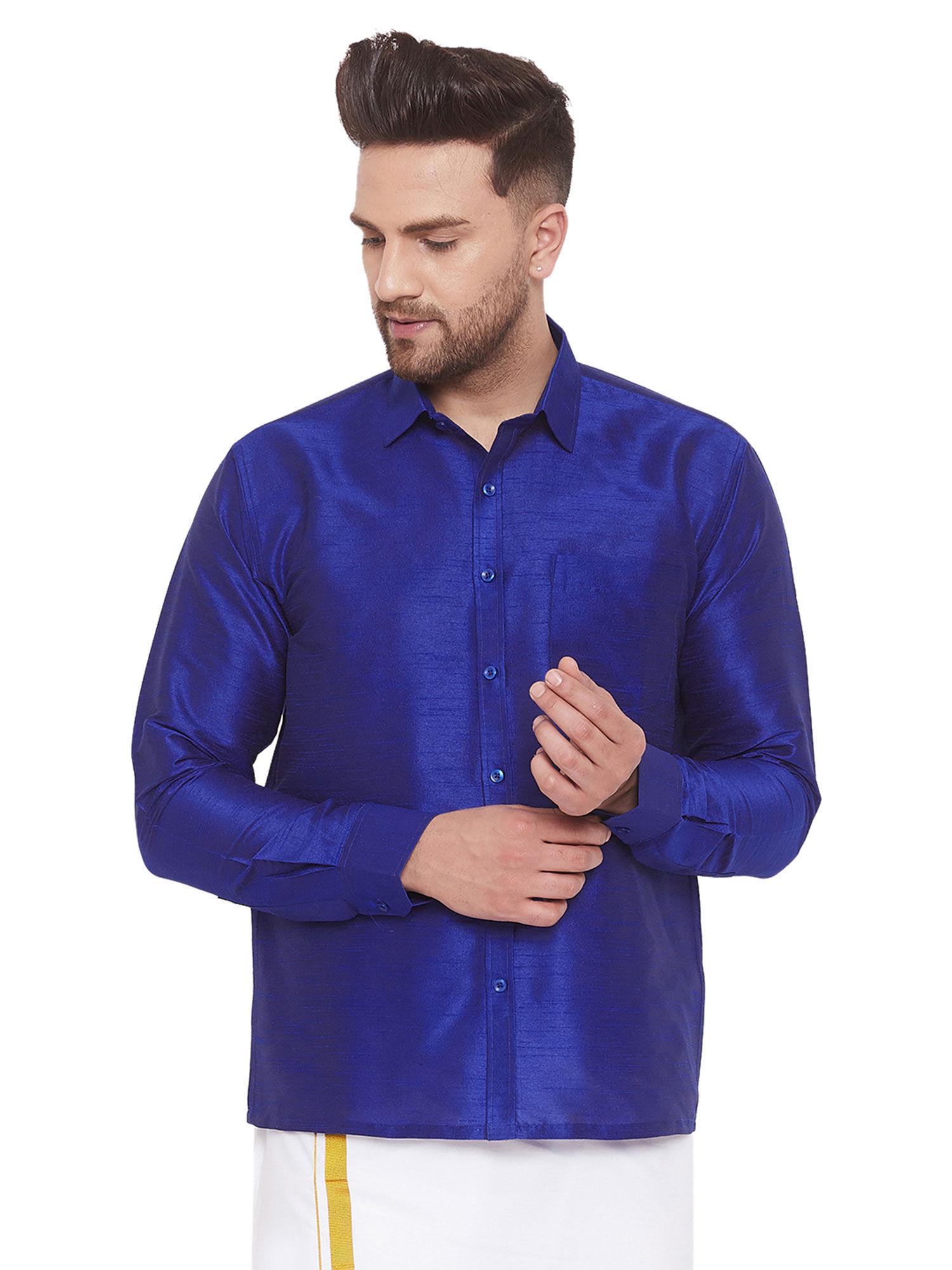 men blue cotton silk ethnic shirt