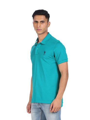 men blue cotton solid polo t-shirt