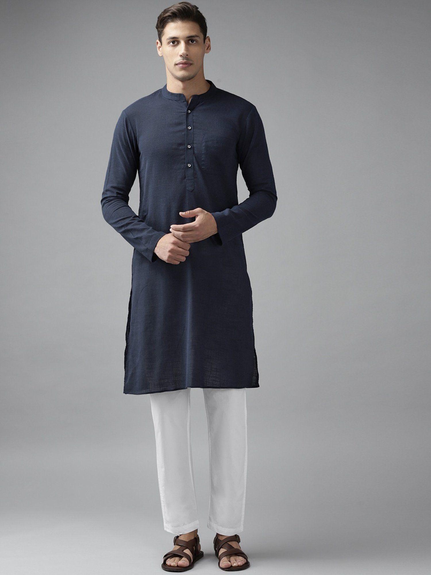 men blue cotton straight slub effect kurta & pyjama (set of 2)