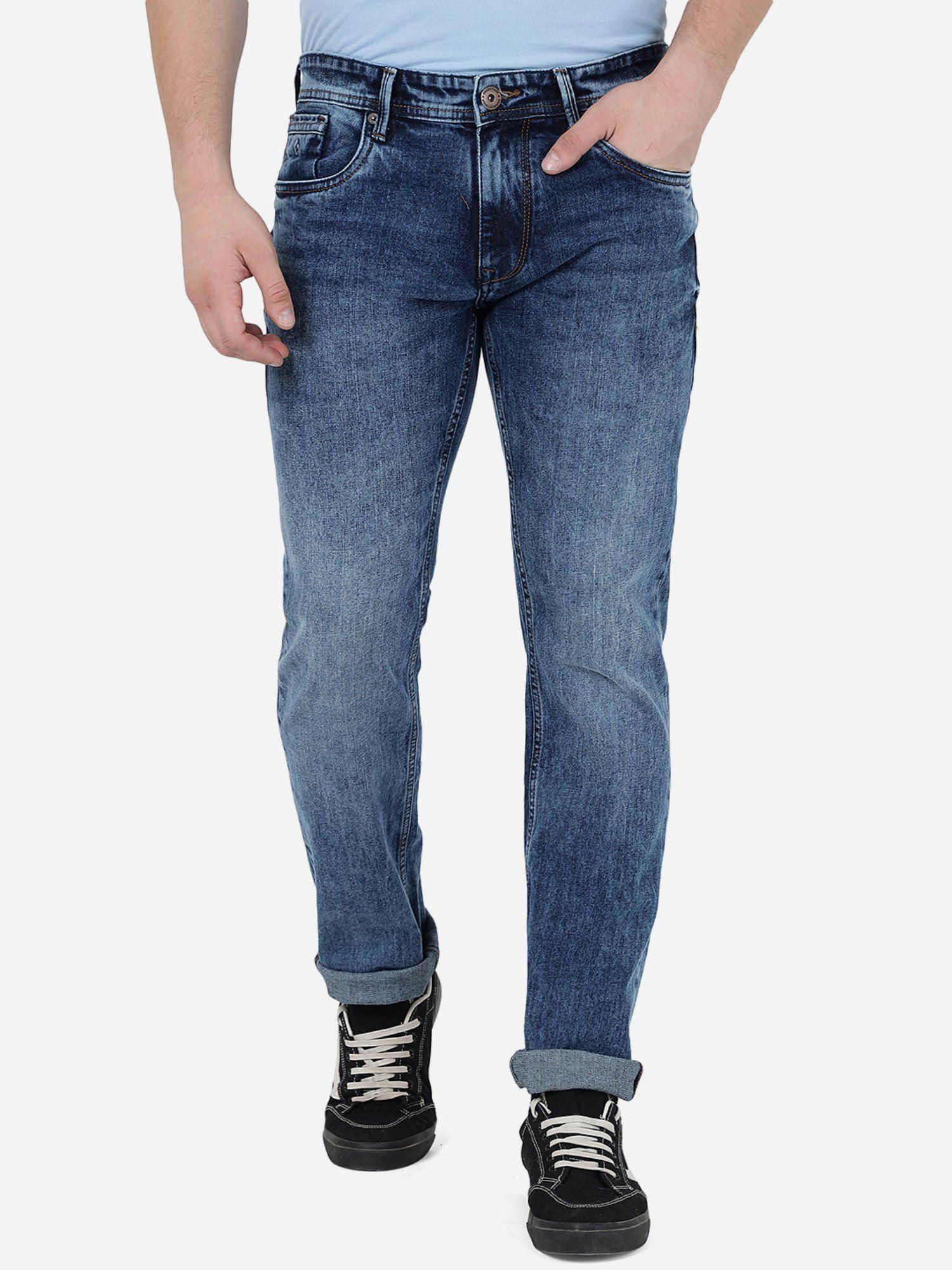 men blue cotton stretch narrow fit solid jeans