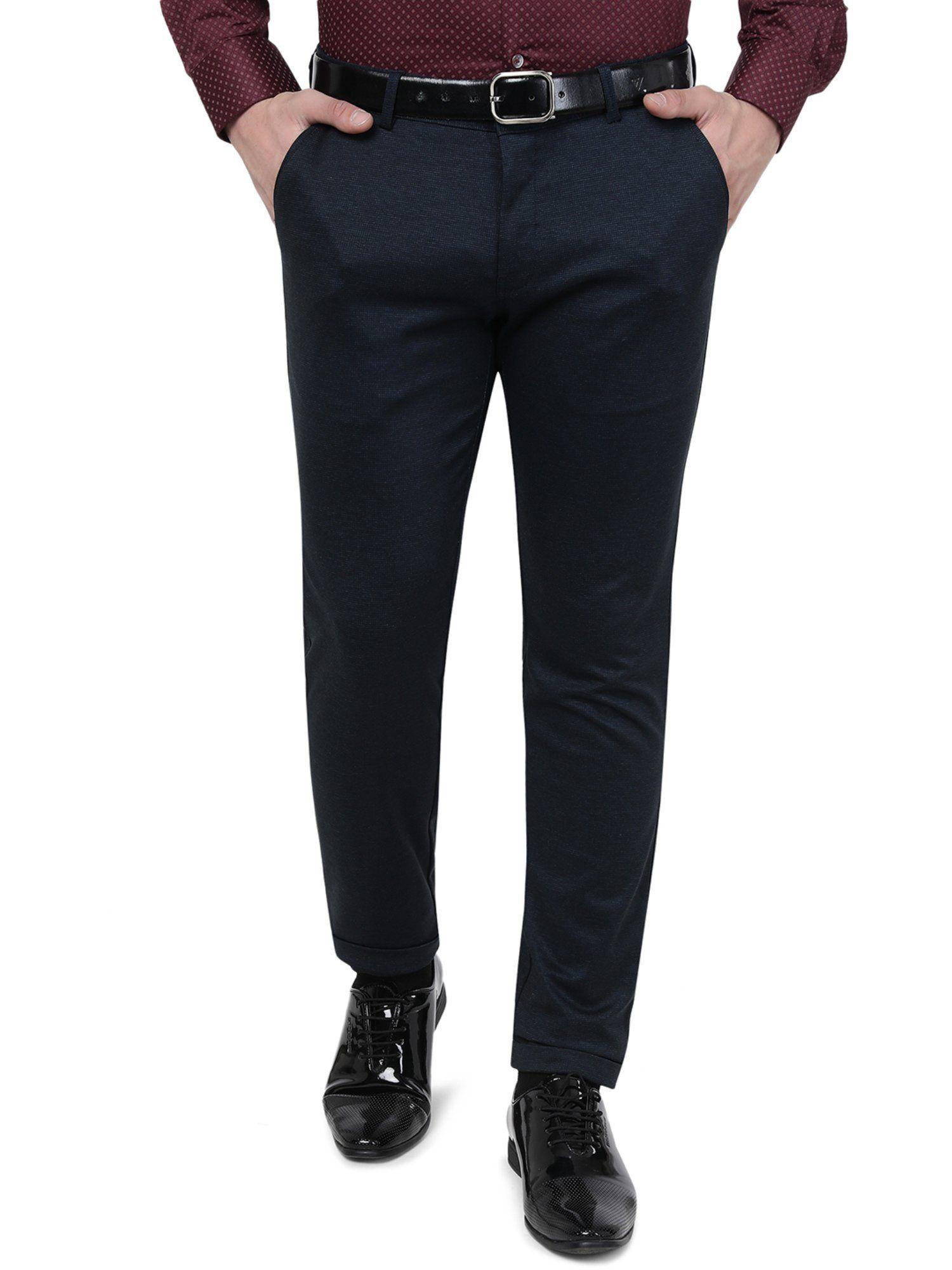 men blue cotton stretch slim fit textured formal club wear trouser