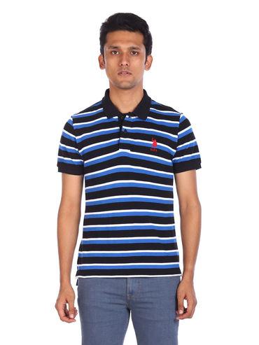 men blue cotton striped polo t-shirt