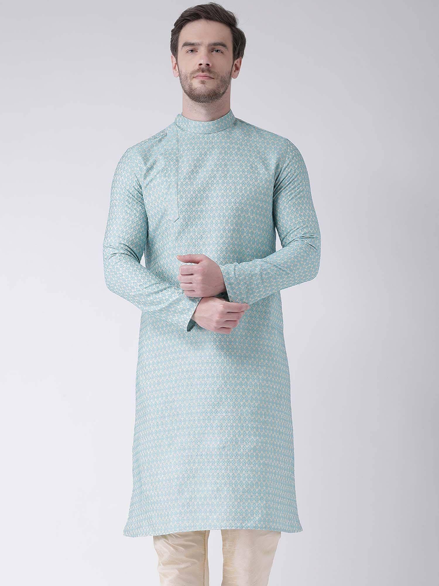 men blue cream-coloured woven design straight kurta