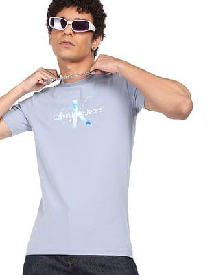 men blue crew neck brand monogram print t-shirt