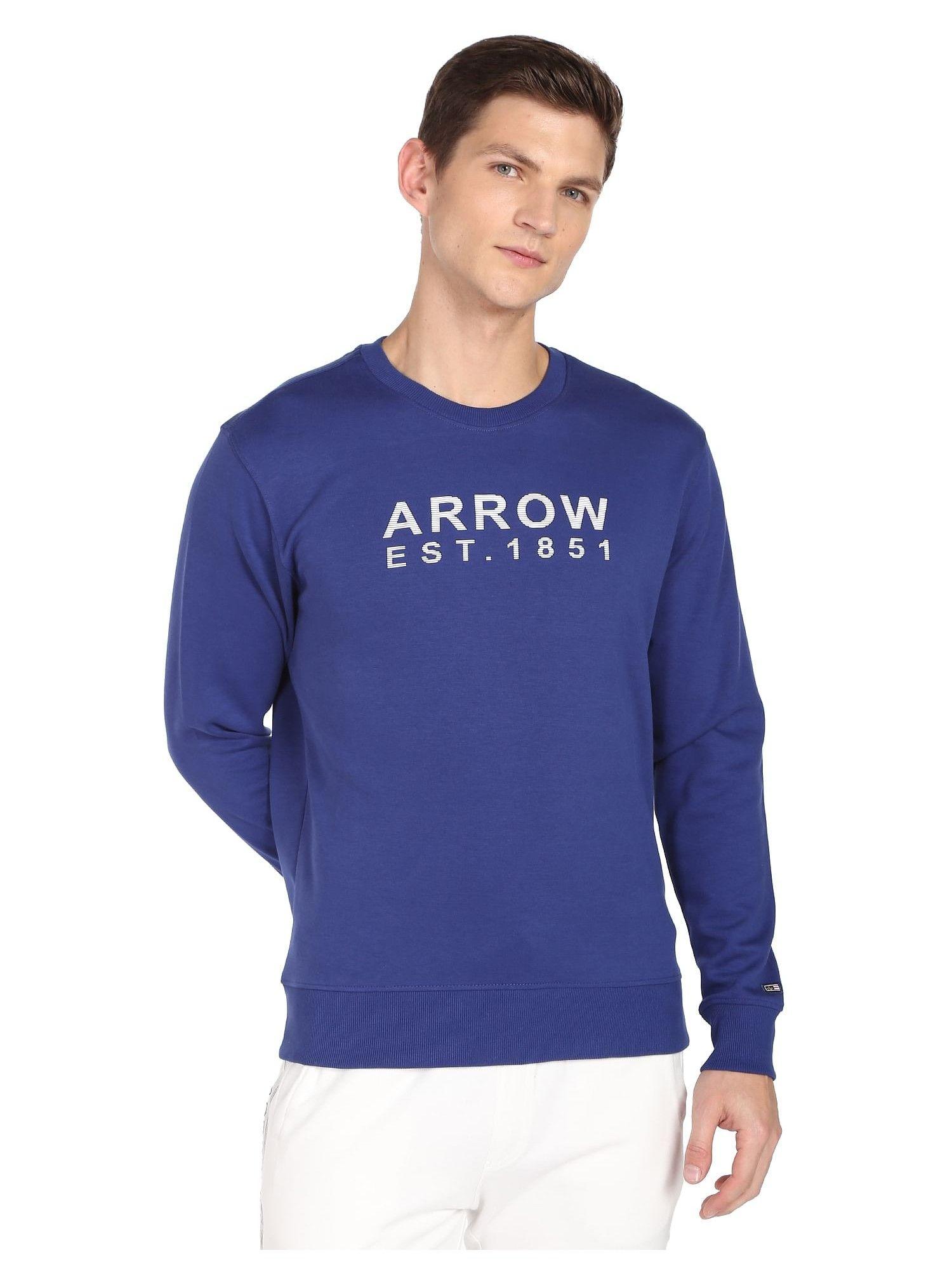 men blue crew neck brand print polyester sweatshirt