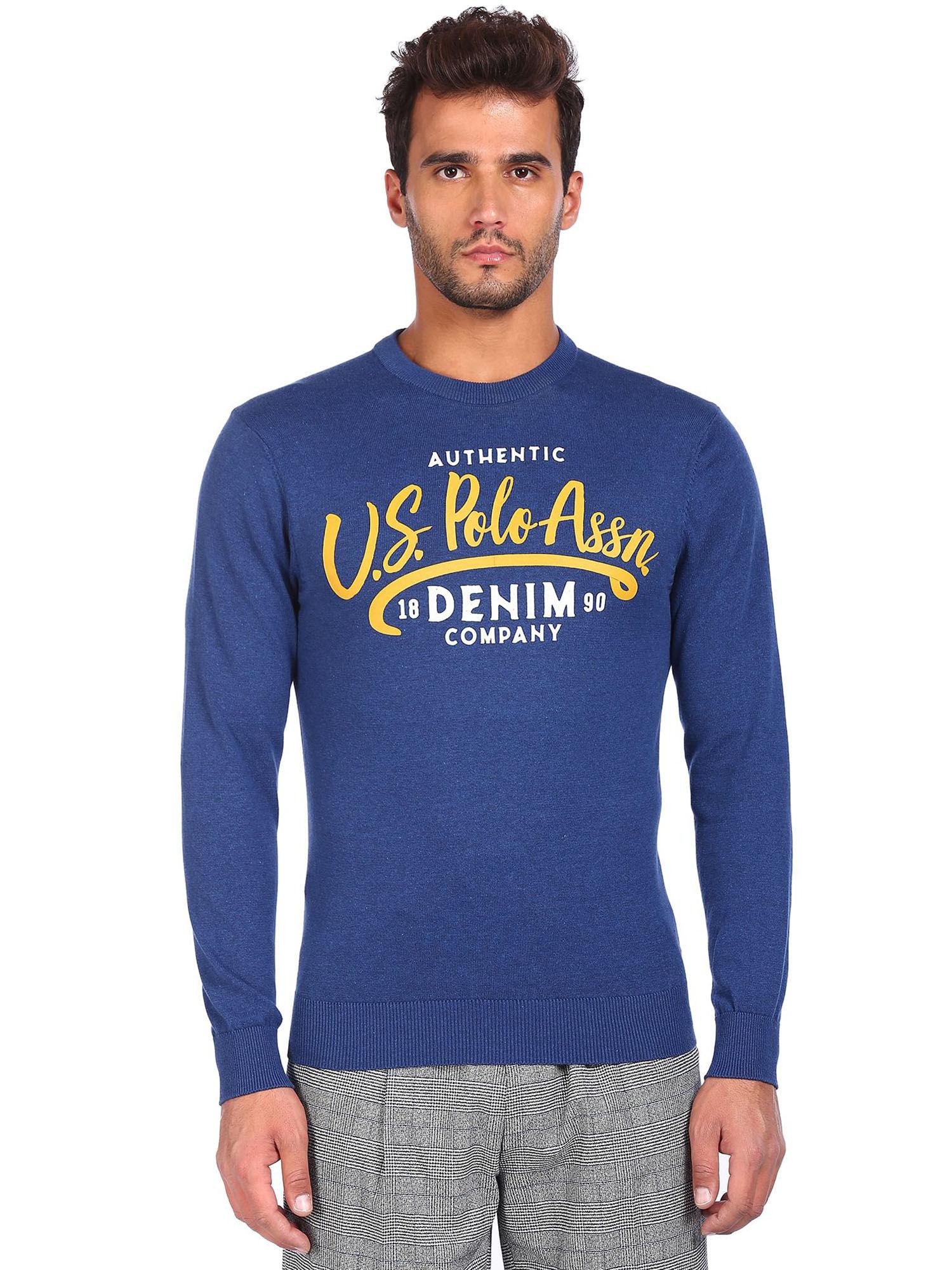 men blue crew neck brand print sweater