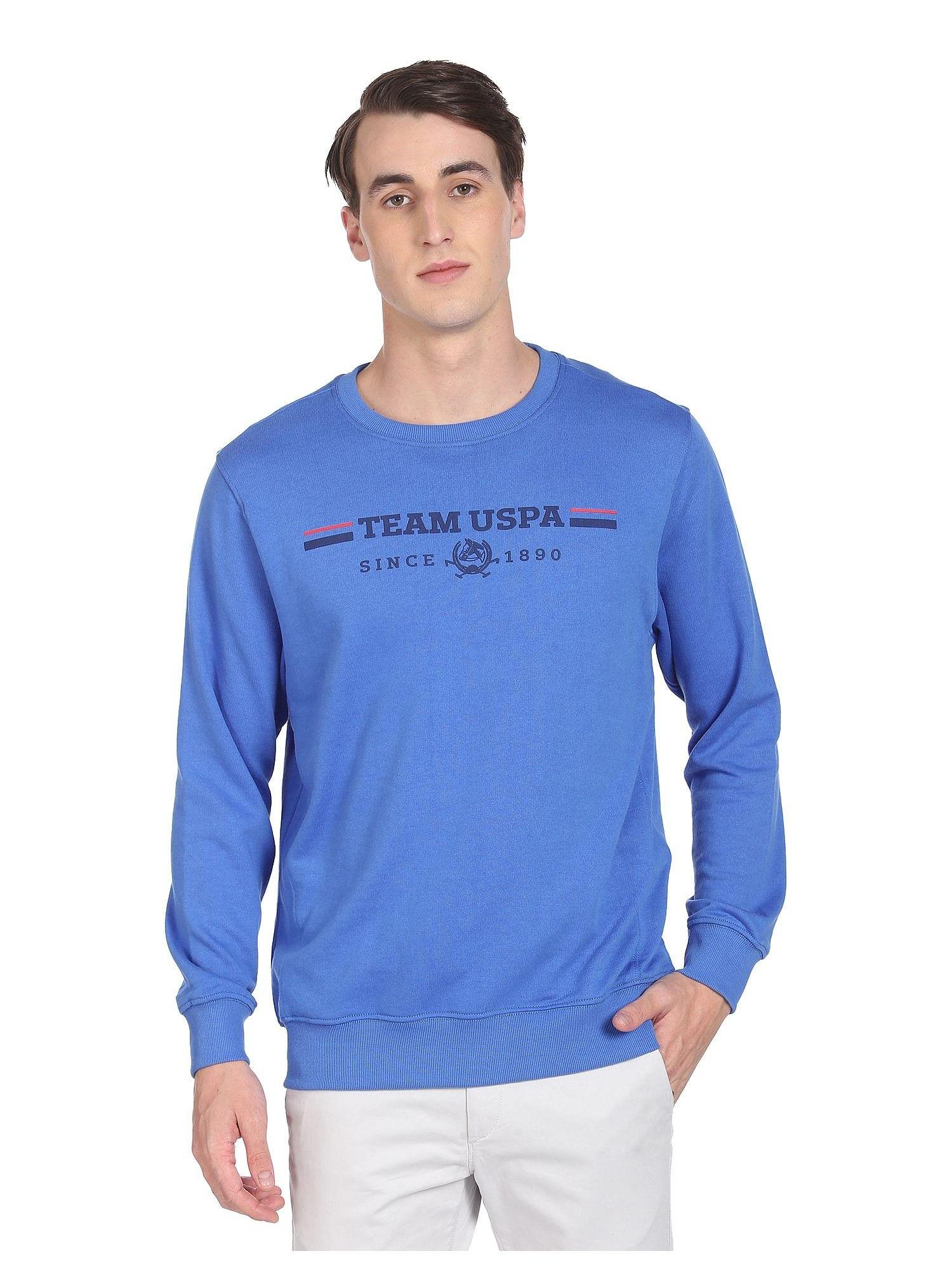 men blue crew neck brand print sweatshirt