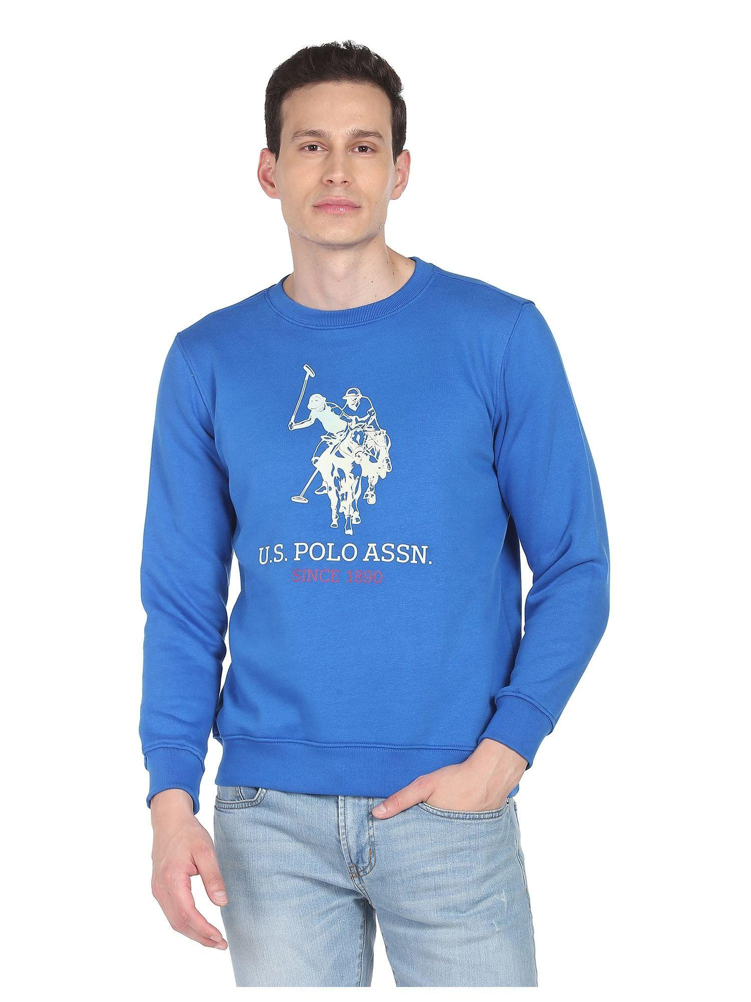men blue crew neck logo print sweatshirt