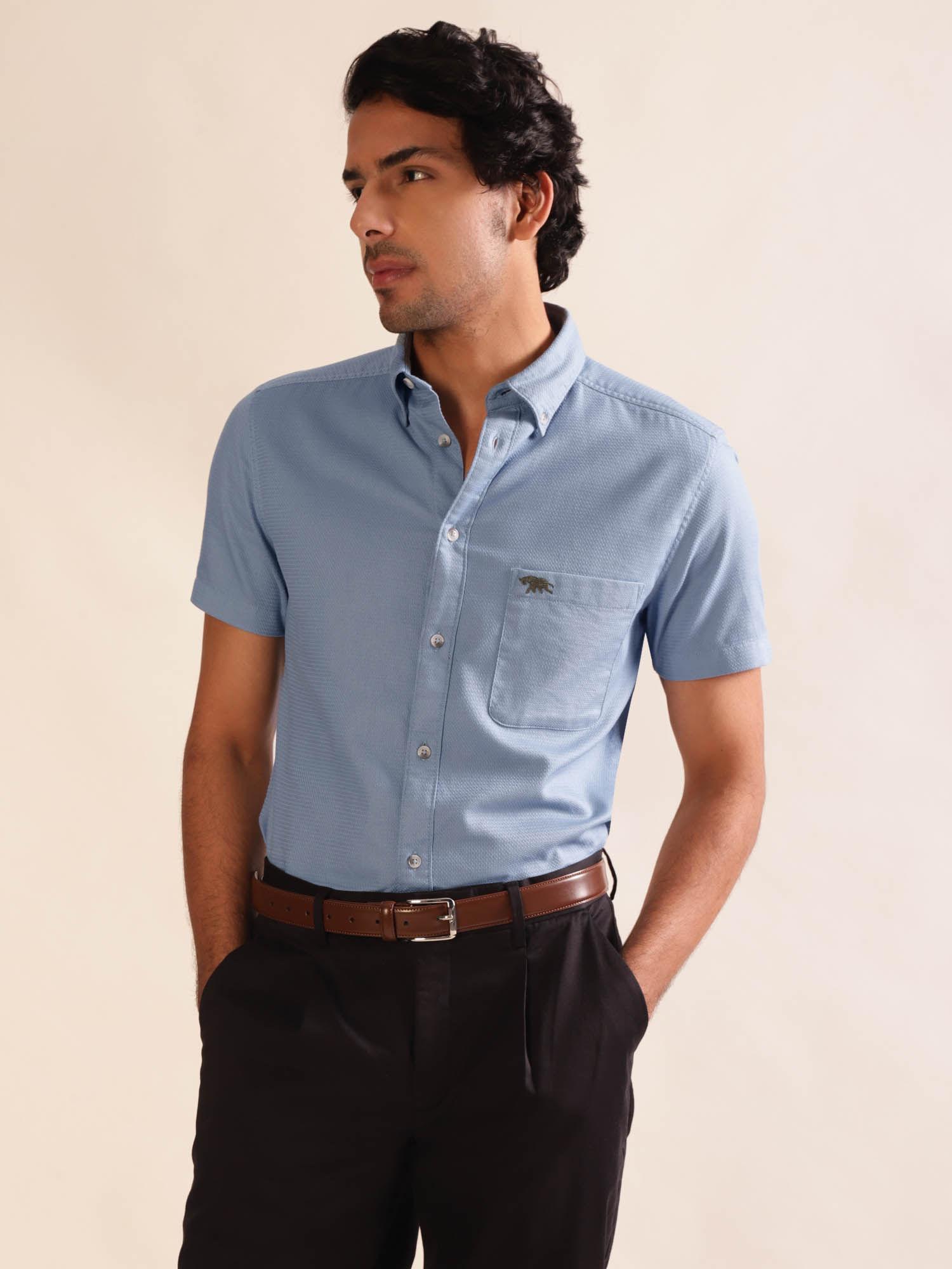 men blue dobby half sleeve slim fit casual shirt