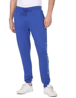 men blue elasticized drawstring waist printed joggers