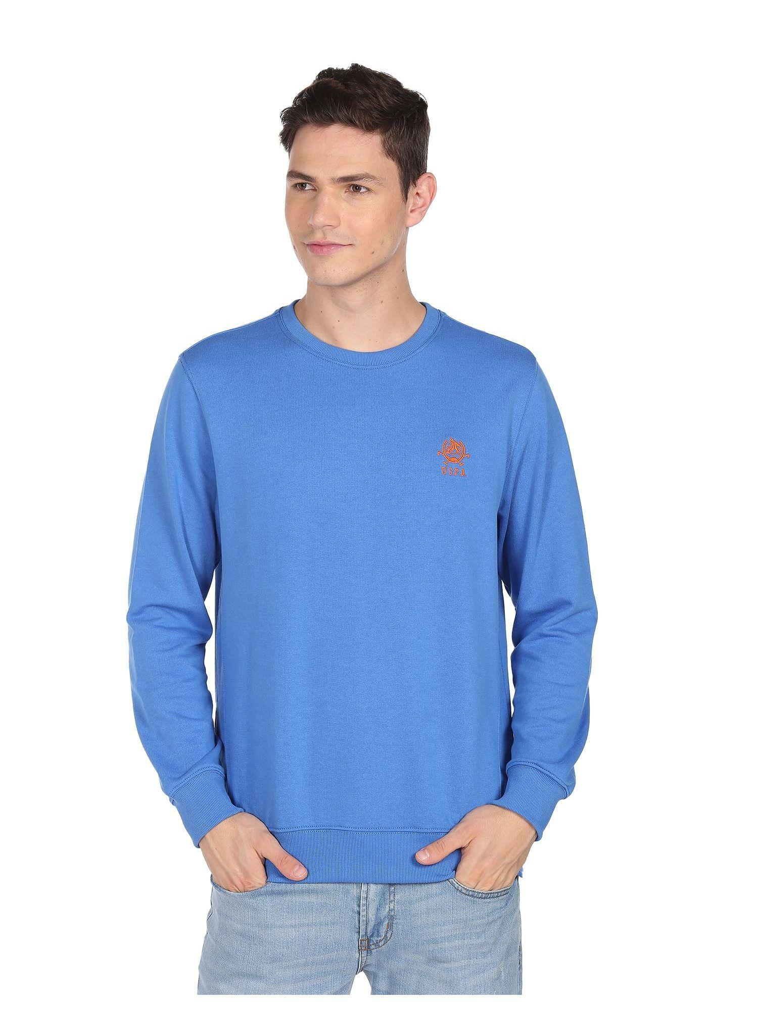 men blue embroidered logo crew neck sweatshirt