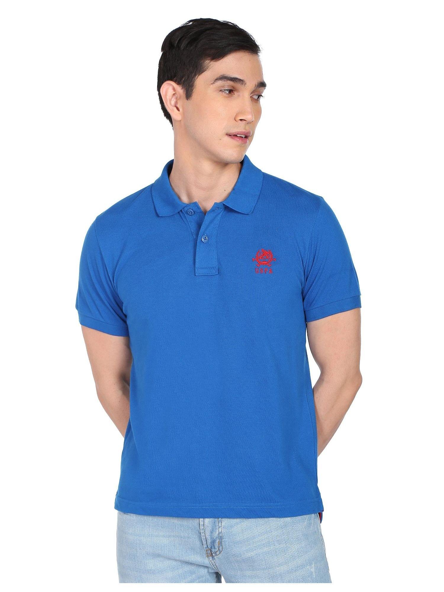 men blue embroidered logo solid polo t-shirt