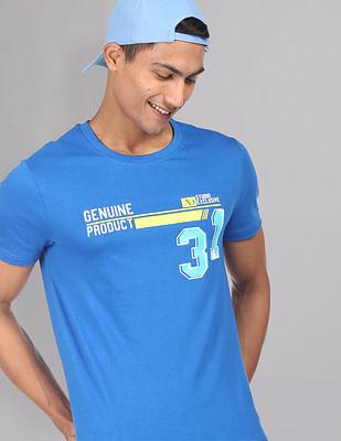 men blue graphic print cotton t-shirt