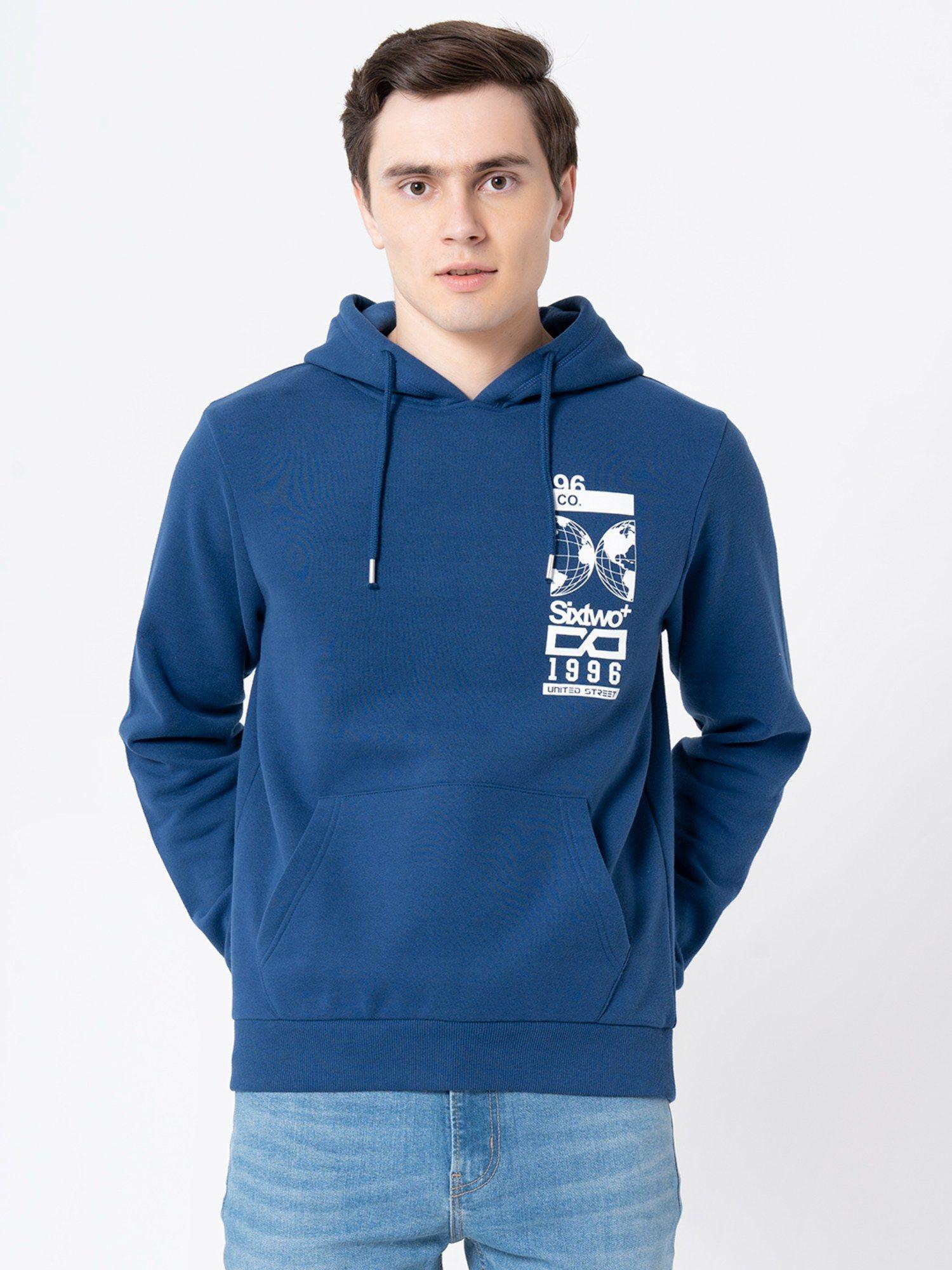 men blue graphic print hoodie