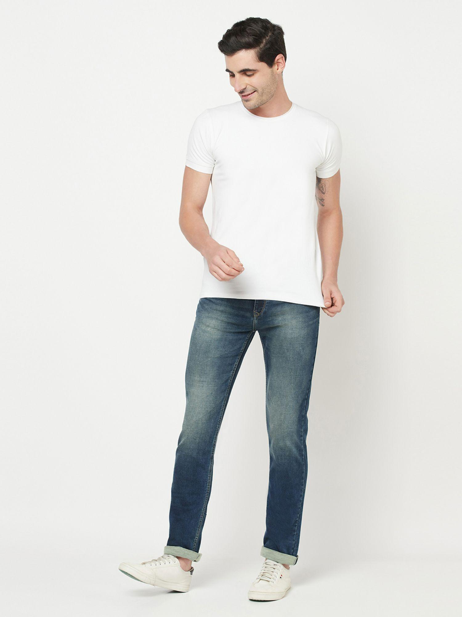 men blue heavy fade stretchable jeans