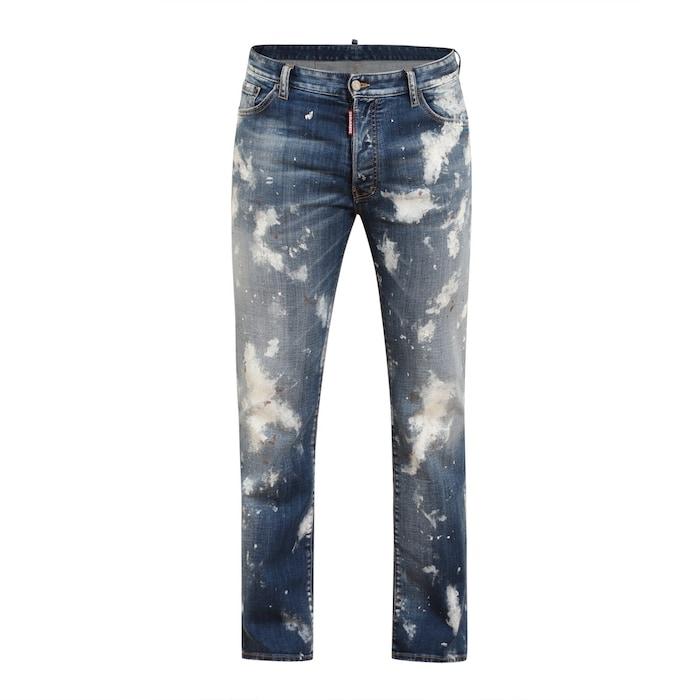men blue heavy wash flared-fit jeans