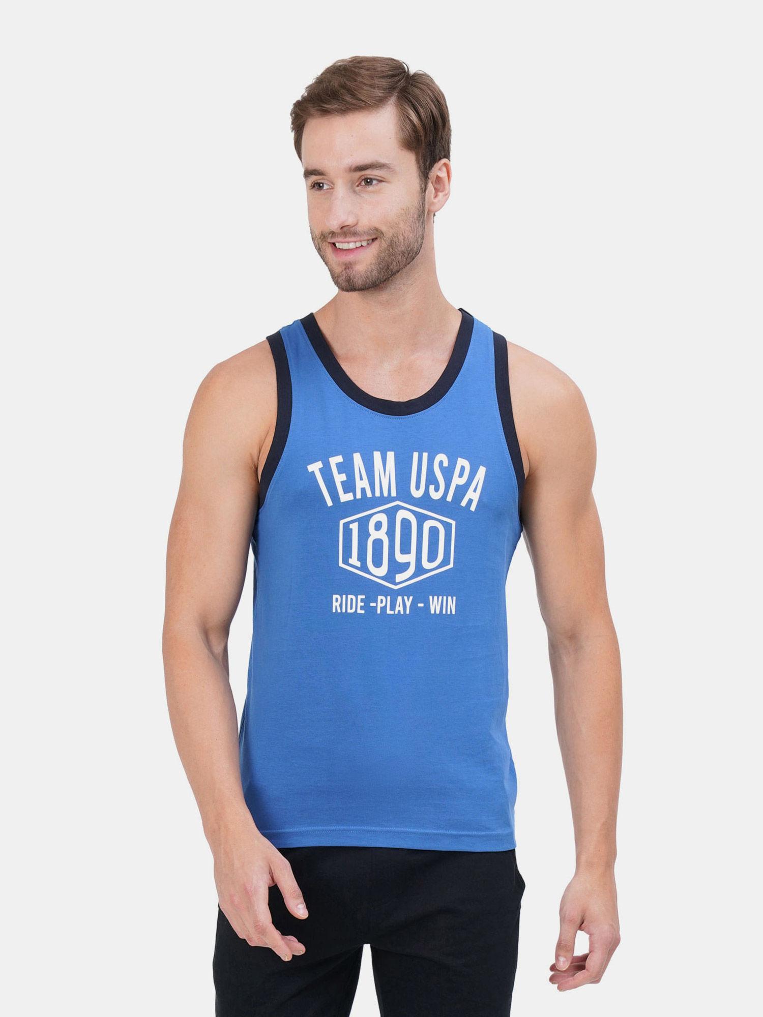 men blue iyag sleeveless printed vest