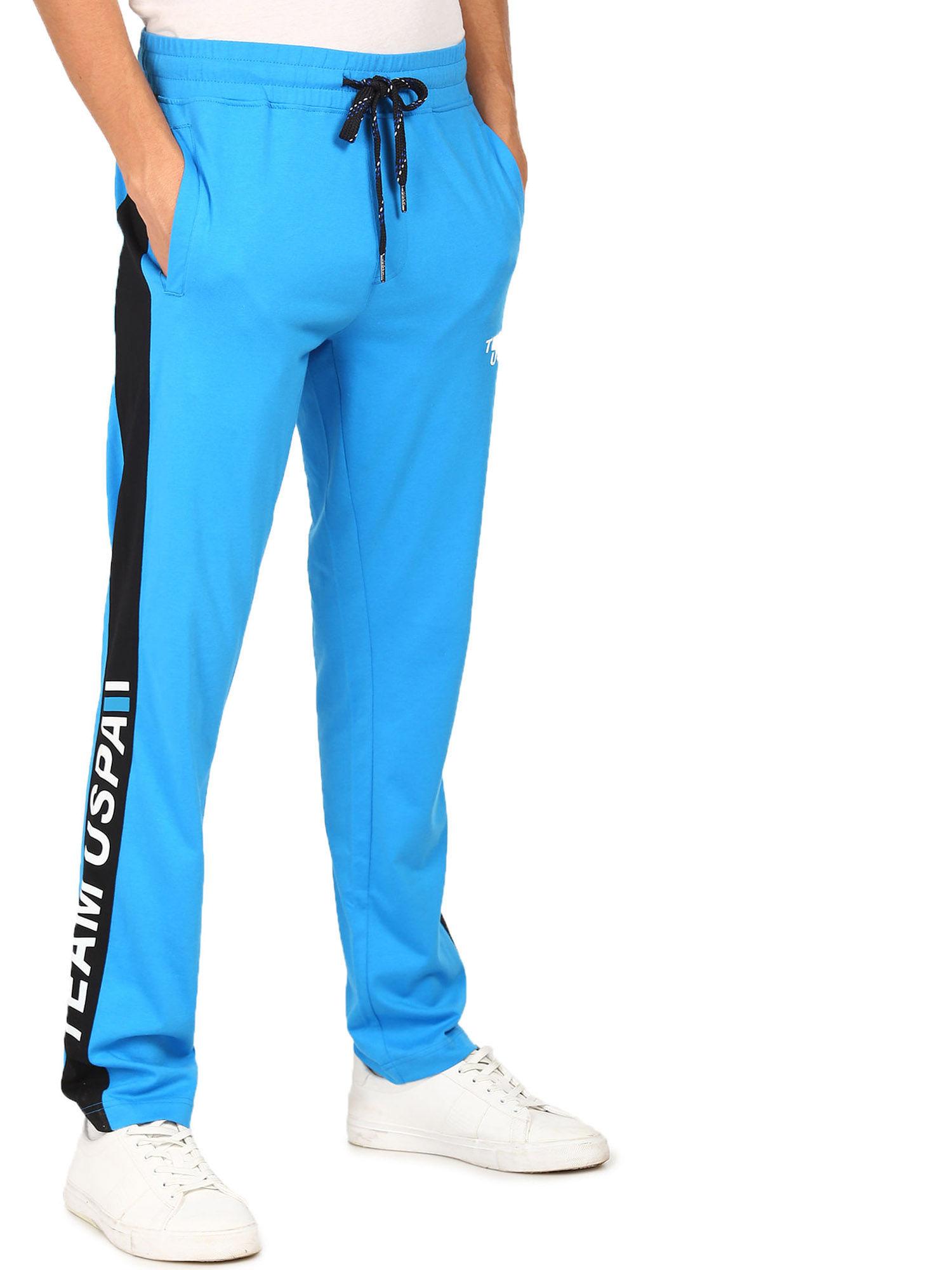 men blue iyan comfort fit solid cotton polyester track pant